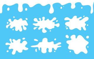 Set flat milk splash. Liquid Shapes illustration. Water, fluid, paint, milk puddle, stain, rounded blot with splashes, drops, blobs, droplets. Design elements. Backgrounds for text vector