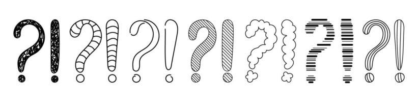 Doodle question and exclamation marks hand drawn sketch illustration set. vector