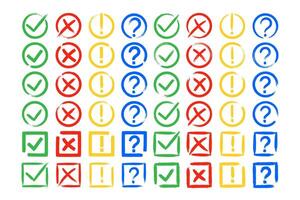 Dirty grunge cross x, tick OK, exclamation and question check marks in check boxes. vector
