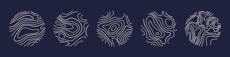 Circular wood rings or topographic map lines texture set. Wood tree topographic abstract lines collection vector