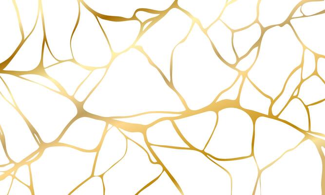Gold kintsugi crack repair marble texture illustration isolated on white background.