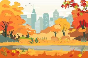 Public autumn garden in the City. Panoramic view of city park with yellow trees, grass and cityscape on background. illustration fall landscape with empty park and town buildings on skyline vector