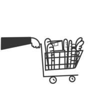 a hand pushing a shopping cart with bread and other items vector