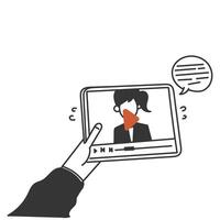 a hand holding a tablet with a webinar of a person on it vector