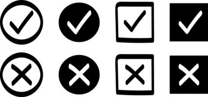 Sharp black and white checkmark and cross. Set vector