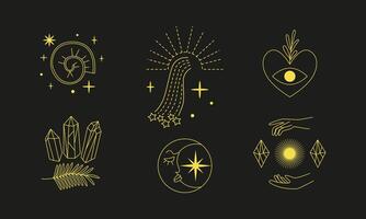 Linear magic celestial esoteric Illustrations. Mysterious logos, prints. Line art linear hands gestures, crystals, celestial symbols. Witch, esoteric, wizard. vector