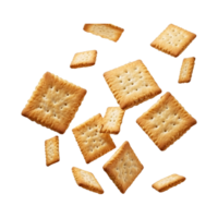 Delicious square salty crackers floating effortlessly, isolated on a transparent background png