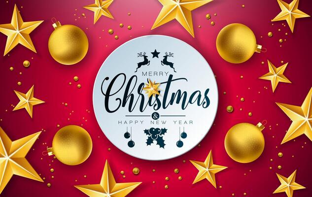 Merry Christmas and Happy New Year Illustration with Gold Glass Ball, Star and Typography Elements on Red Background. Holiday Design for Flyer, Greeting Card, Banner, Celebration Poster or