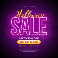 Halloween Sale Banner Illustration with Neon Light Lettering on Brick Wall Background. Holiday Design Template with Cemetery and Typography Lettering for Offer, Coupon, Celebration Banner vector