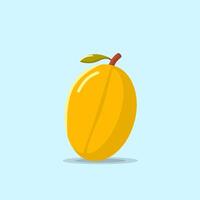 Flat illustration of a yellow mango with a green leaf on a light blue background vector