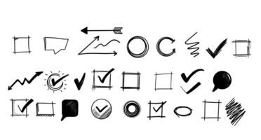 Collection hand drawn black icons, including checkmarks, arrows, circles, squares, and speech bubbles on a white background. vector