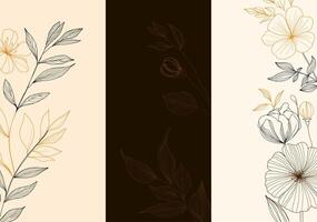Minimalist design with three, light side panels with black and gold floral lines and a brown panel with subtle leaf drawings. Abstract greeting cards. vector