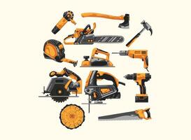 Illustration set of carpenters tools and joiner machine. Set hardware tools vector