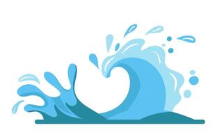 A blue ocean wave splashing against a white background flat illustration representing the dynamic movement and refreshing nature of the sea vector