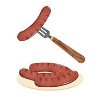 illustration of grilled sausage on a plate with a fork flat illustration with wooden handle and white background vector