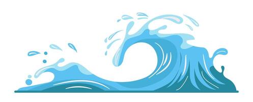 Blue ocean wave flat illustration showing a dynamic curvature of the water in a horizontal format highlighting the flow and crest of the wave vector
