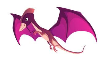 Detailed flat illustration of a purple pterodactyl in flight with large wings The dinosaur is shown in a cartoonish style on a white background vector
