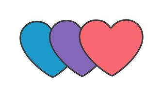 A illustration of three hearts in different colors blue purple and red on a white background The flat design style gives it a modern and clean look vector