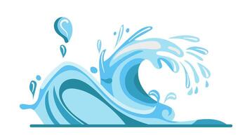 Flat illustration of an ocean wave in shades of blue the wave seems to rise and crash creating a dynamic water scene with splashes vector