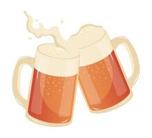 This image showcases two frothy beer glasses clinking together spilling out a bit of liquid in celebration flat illustration vector