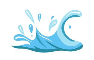 This flat illustration features a blue wave with splashes in a vibrant and dynamic style the ocean wave design includes clear blue water and splashing drops perfect for seaside themes vector