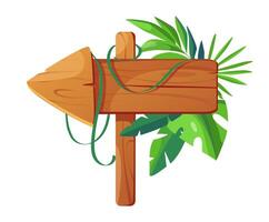 Wooden arrow sign with green leaves flat illustration the sign is pointing to the left representing direction or path in nature jungle or tropical forest isolated on white background vector