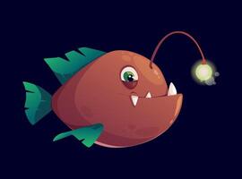 Flat illustration of a deep sea angler fish character design with a glowing lure and sharp teeth. The fish has big eyes and green fins against a dark blue background vector