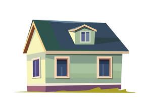 Small green house flat illustration showing a cozy dwelling with a triangular roof and a window dormer. The simple and clean design emphasizes shades of green and yellow. vector