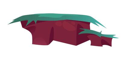 Flat illustration depicting a floating island with a rocky surface and covered with green grass. The illustration is simple and cartoonish, suitable for use in various graphical projects. vector