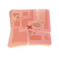 Flat illustration of an old treasure map with a marked path leading to a destination point The map is depicted in pink and brown tones with dashed lines vector