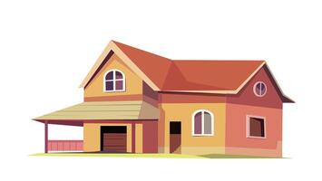 Two story house flat illustration with a unique architectural design featuring a yellow base and a red roof depicting a typical suburban residence vector