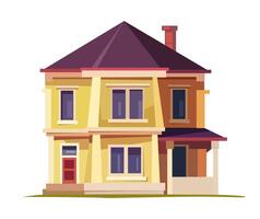 stylized house flat illustration of a yellow house with a red door and brown roof the house features multiple windows a front porch and chimney vibrant colors and simple shapes vector
