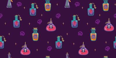 Halloween seamless pattern with bottles of poisons and magic potions on dark background. vector