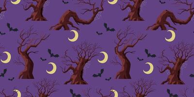 Halloween seamless pattern with creepy bold trees, mmon and bats on dark background. vector