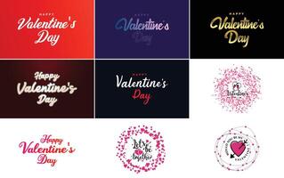 Happy Valentine s Day greeting background in papercut realistic style paper clouds flying realistic heart on string pink banner party invitation template calligraphy words text sign on copy space vector