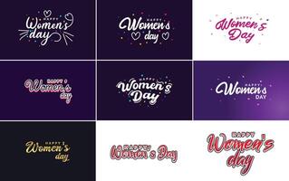 Happy Women s Day design with a realistic illustration of a bouquet of flowers and a banner reading March 8 featuring a gradient color scheme vector