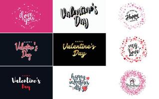 Happy Valentine s Day greeting background in papercut realistic style paper clouds flying realistic heart on string pink banner party invitation template calligraphy words text sign on copy space vector