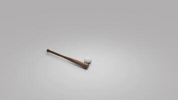 A 360-degree view of a baseball and bat on a gray background. The bat is angled slightly video