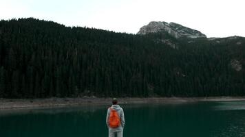 Rear view of man looking at beautiful mountain landscape with lake. Creative. Man with backpack admires mountains and lake on cloudy day. Traveler enjoys beautiful mountain landscape video