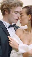 Models posing on the embankment . Action . A handsome, spectacular man in a suit with a bow tie and long hair standing with a young bride and posing for the camera. video