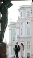 A young couple walking. Action . Beautiful newlyweds with a bride in a lush long white dress and with their groom walking down the street next to the monuments on the square. video