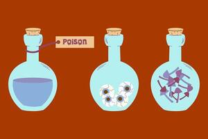 potion bottles that showcase a variety of different liquids and contents. Halloween decorations. witch potion vector