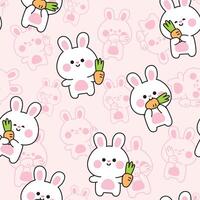 Seamless pattern of cute rabbit with carrot in various poses on line drawing background.Easter.Bunny.Rodent animal character cartoon design.Kawaii.Illustration. vector