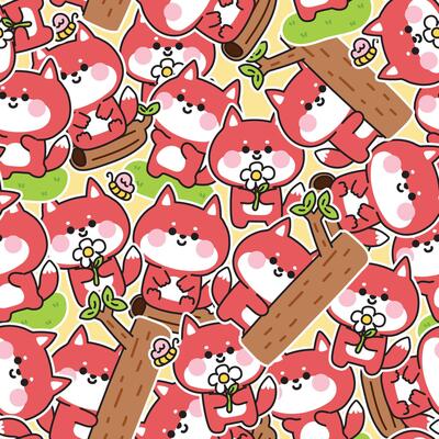 Seamless pattern of cute fox in various poses sticker background.Jungle.Wild animal character cartoon design.Flower,butterfly,wood,tree hand drawn.Kawaii.Illustration.