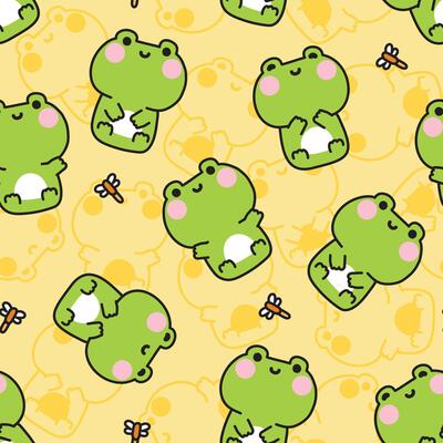 Seamless pattern of cute frog sit poses with dragonfly on line hand drawn background.Reptile animal character cartoon design.Image for card,poster,baby clothing.Kawaii.Illustration.