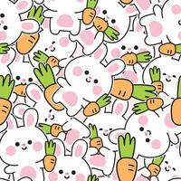 Seamless pattern of cute rabbit sticker with carrot in various poses background.Easter.Bunny.Rodent animal character cartoon design.Kawaii.Illustration. vector