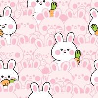 Repeat.Seamless pattern of cute rabbit with carrot in various poses with line hand drawn background.Easter.Bunny.Rodent animal character cartoon design.Kawaii.Illustration. vector