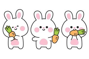 Set of cute rabbit with carrot in various poses on white background.Easter.Bunny.Rodent animal character cartoon design.Kawaii.Illustration. vector