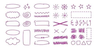 Set of purple hand drawn doodles, abstract signs and symbols and different drawings. illustration, design element group. vector