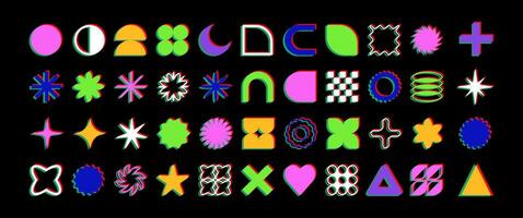 Set of brutalist abstract geometric shapes and forms. Brutal contemporary figures, stars, flowers and other primitive elements. Trendy Y2K signs and symbols. vector